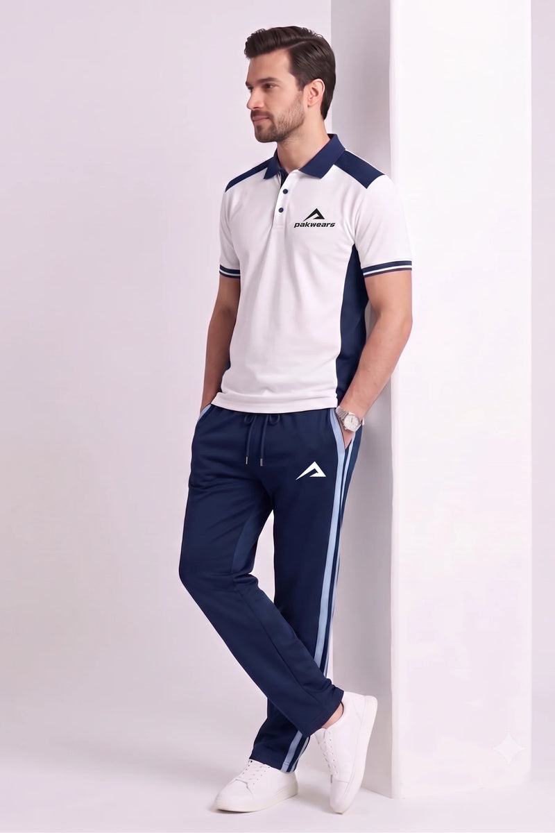 White And Navy Sports Polo Tracksuit