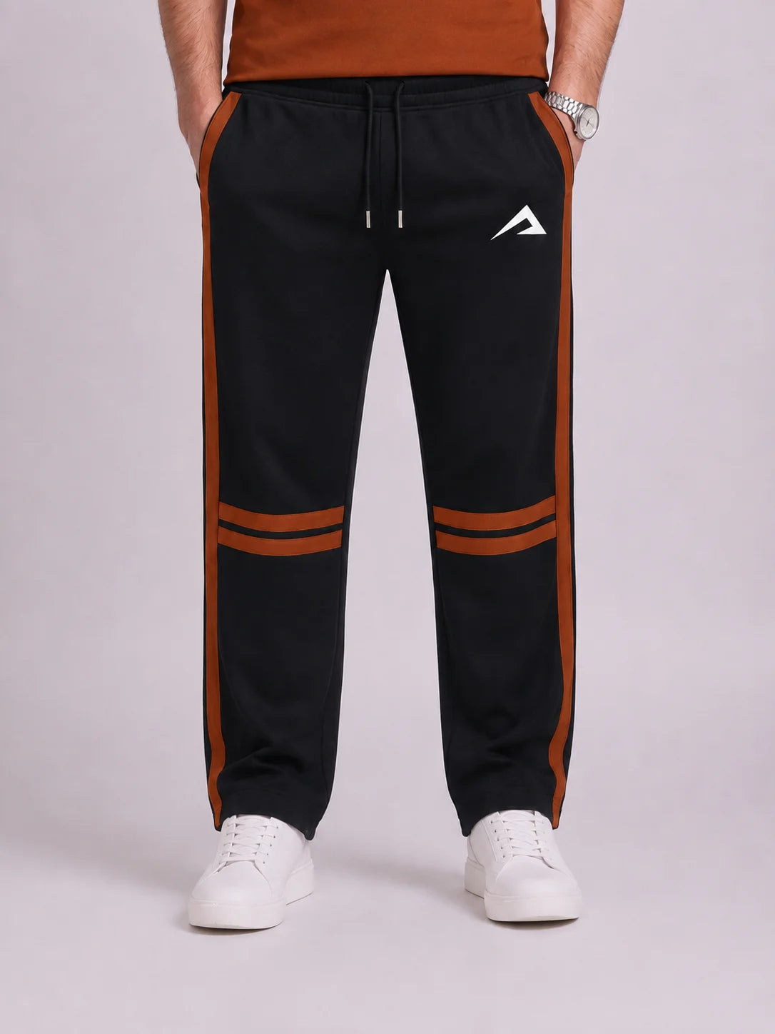 Black Athletic Trouser with Rust Brown Stripes